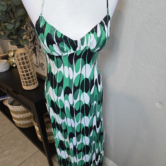 Zara Satin Printed Camisole Green and White Wave Maxi Dress Size S - Picture 7 of 9
